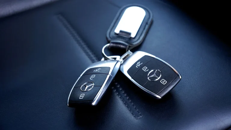 Car key fobs on dark leather, car key replacement in Lakeland, FL