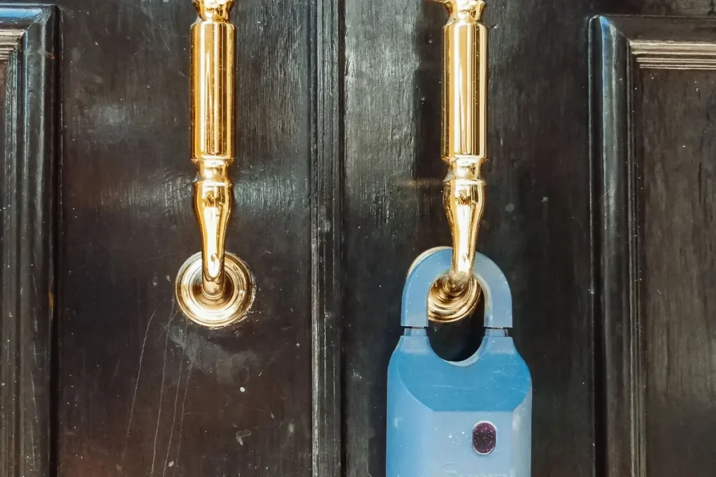 Gold handle sets on a dark entry door, lock installation